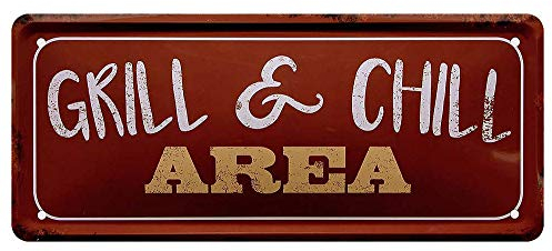 L.E.M.B. Hometrends Blechschild Deko Metall-Schild Fun Vintage Spruch 28cm x 12cm Grill and Chill Area