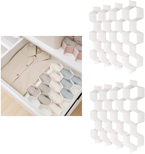QUMENEY 2 Stück Schubladeneinteiler mit Wabenmuster, verstellbare Schubladenaufbewahrungsbox, DIY-Gitter für Unterwäsche, Socken, Gürtel, Krawatten und Schals (Weiß)