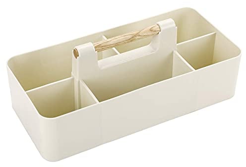 BSTKEY Rectangular Stackable Desktop Storage Organizer Tote Divided Basket Bin, Plastic 5 Compartments Storage Box Holder with Wood Handle (White)