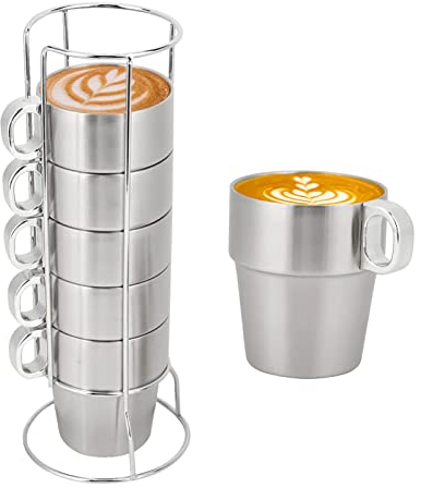 Tazza Da Tè Antiscottatura a Doppio Strato Con Supporto, Set 6 Tazze in Acciaio Inossidabile Impilabile Con Supporto per Tazza, Set Tazzine Caffè, Tazza D'acqua Riutilizzabile per Campeggio, Ufficio
