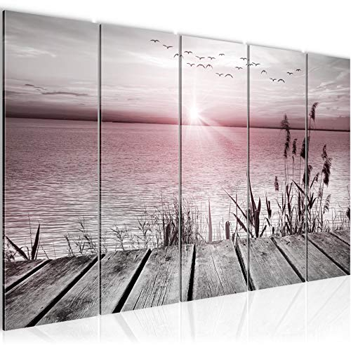 Runa Art Wandbild XXL Brücke Am See Wohnzimmer Schlafzimmer 200 x 80 cm Grau Rosa 5 Teilig - Made in Germany - 034355b