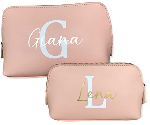 Kosmetiktasche personalisiert Initial + Name, Schminktasche, Kulturtasche für Damen, Handtasche, Geschenk Frauen, Schminke Beauty Make-Up (groß, rosa)