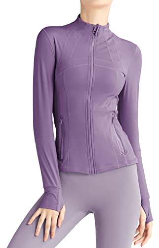 Locachy Damen-Sportjacke mit durchgehendem Reißverschluss, enge Passform, ideal für Laufen, Training und Workout, mit Taschen, Violett, S