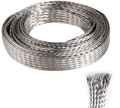 QuQuyi Correa de tierra trenzada de cobre estañado de 10 pies, 8 mm, funda plana de metal expandible, cable de señal blindado