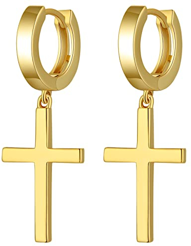 Kreuz Ohrringe Hängend für Damen Herren Mädchen - CZ Diamant Huggie Hoop Dangle Gold Hypoallergen E628