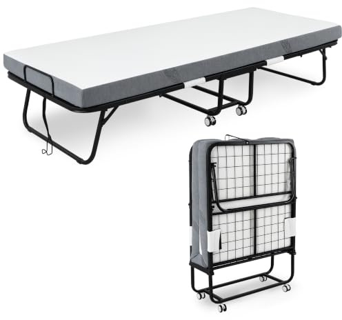 HOMCOM Folding Bed with 10cm Mattress Portable Foldable Guest Bed on Wheels