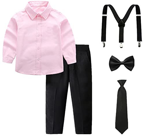 amropi Garçon Ensemble Vêtements Manches Longues Noeud Papillon Chemises Bretelles Pantalons Rose Noir, 4-5 Ans