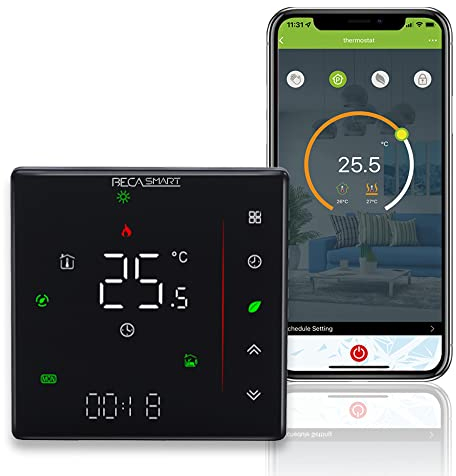 BecaSmart Série 006 Thermostat Intelligent Wi-FI pour Chauffage Électrique 16A Affichage LCD Support Tuya & Smart Life, Seulement WiFi 2.4Ghz, 5+1+1 Programmable Noir