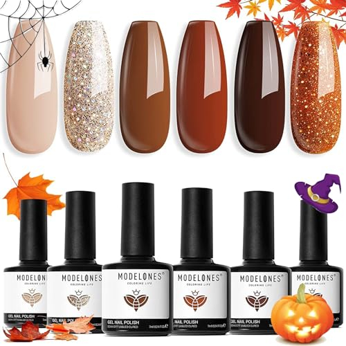Modelones Vernis Semi Permanent Marron Pailleté 6 Couleurs Vernis Gel UV Semi Permanent Nude, Kit Vernis à Ongles Gel Pour Manucure Francaise, Durci Par LED, Nail Art