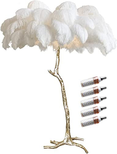 ZRYBH 160 Cm Lampadaire Plume D'autruche,3 Températures De Couleur Plume Decoration Lampe,Chambre Moderne Simple Lampe sur Pied Corps De Lampe Dorée,avec Une Ampoule LED G9 x 4 (Plumes Blanches)