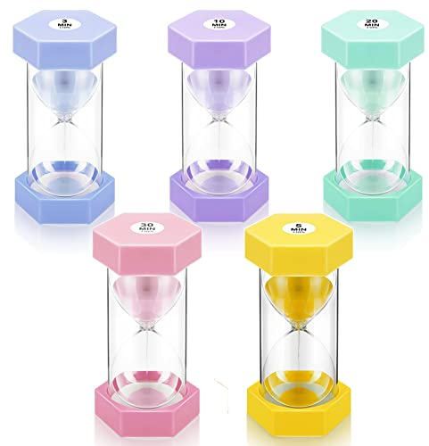 5 Pcs Sabliers,Sablier Enfant lot ,Sablier Pastel Enfant,Minuteur Enfant Brossage de Den,Peut être Utilisé pour Les Études, Fitness, Cuisine,L'amélioration Concentration (3/5/10/20/30 Minutes)