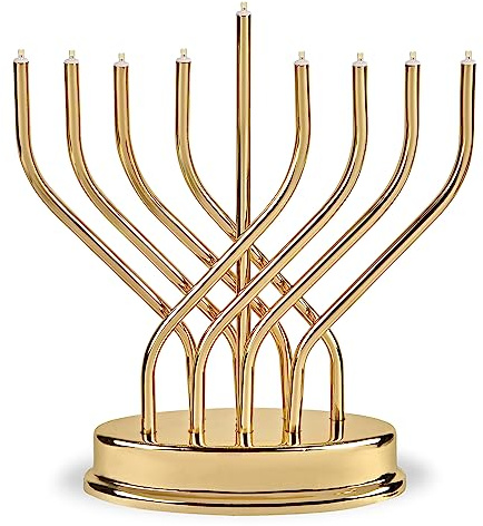 Traditional Hanukkah Electric Menorah Low Voltage Hanukkiah with LED Bulbs Contemporary Metal Electronic Chanukiah Battery Powered Chanukah Lights by Aviv Judaica (Shiny Gold/Brass)