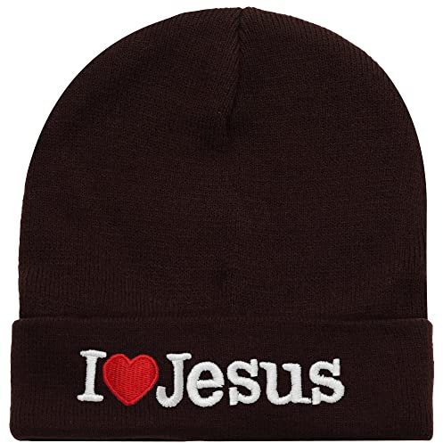 I Love Jesus Beanie Mütze Skimütze alle Jahreszeiten bestickt einfarbig, Braun, Einheitsgröße