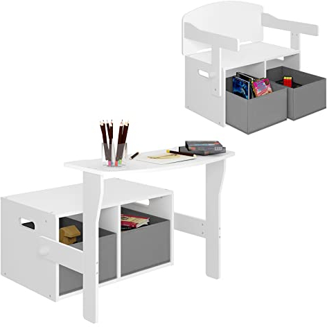 Lestarain Kindertisch mit Sitzbank, Kindersitzgruppe mit Stauraum, 2 in 1 Kindermöbel, Kindertruhenbank mit Aufbewahrungsboxen, für Kinderzimmer Spielzimmer, Weiß + Grau