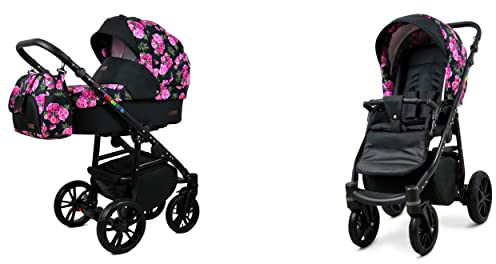 BabyLux Color Lux 2-in-1 Baby Kinderwagen Tief und Kinderwagen mit Zubehör Verstellbar und faltbar Aluminiumkonstruktion Wasserdichte Nicht abnehmbare Räder Bouquets Peony On Black Black Frame