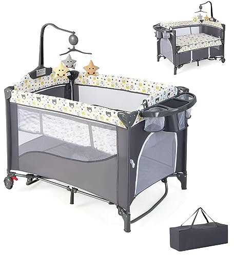 COSTWAY 5 in 1 Babybett, Reisebett Baby mit Matratze, Beistellbett höhenverstellbar mit Wickeltisch, Sicherheitsgurt, Spieluhr & Hängespielzeug, Stubenwagen Babywiege mit Rollen für Kleinkinder, Grau
