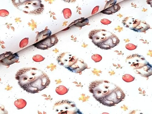 Eigenproduktion Bio Baumwolljersey Lachender Igel am Herbsttag Beige Stoff Meterware Kleiderstoff