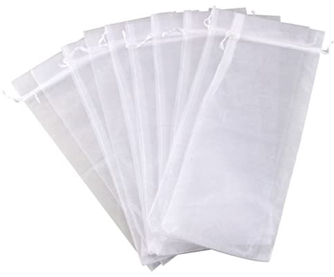 WOFASHPURET 10Pcs White Organza Wine Bottle Present Bags with Drawstring Closure - Elegant Sheer Wraps for Weddings, Parties, Holidays - Fits Standard 14.6 X 5.9 Inch Bottles
