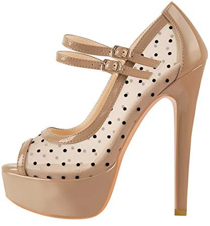 MissHeel Plateau Mary Janes Mesh Riemchenpumps High Heels Schnallen Knöchelschnallen Khaki EU 44