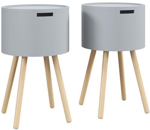 HOMCOM Modern Side Table with Hidden Storage Space, Round Night Stand with Removable Tray Wood Frame End Coffee Table for Living Room, Set of 2, Grey