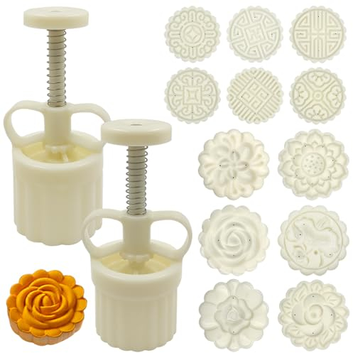 Molde de prensa de pastel de luna de 63 g y 75 g con sellos, FineGood molde de pastel de luna con prensa de flores, cortadores de galletas de mediados de otoño, accesorios para hornear pasteles de