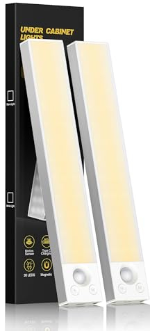 FLOWood Unterbauleuchte Küche Led 2 Stück, Schrankbeleuchtung mit Bewegungsmelder 24CM, Unterschrank Beleuchtung 1500 mAh USB Aufladbar Led Lichtleiste für Schlafzimmer, Kleiderschrank, Warmweiß