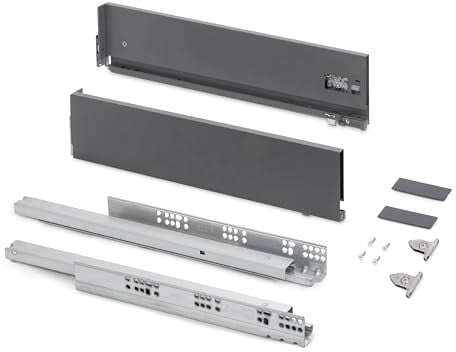 Emuca - Schubladen-Kit für Küche und Bad mit 3D-Regelung, Höhe 131mm, Tiefe 270mm, 40 Kg, sanftes Schließen, Panels nicht enthalten, Stahl, Anthrazitgrau