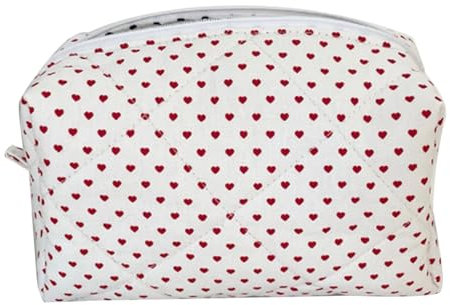 Wizoowip Pochette en coton Sac à motif coeur Sac à cosmétiques Grande capacité Fermeture à glissière Imprimé coeur Coton matelassé Portable Léger Pochette de maquillage de voyage Blanc