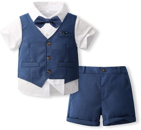 Volunboy 4-Pieces Baby Boys Summer Wedding Suit, Toddler Formal Dress Clothes Outfit, Short Sleeve Vest, Shorts, Shirt Set(12-18 Months,Navy,Tag Size 80)