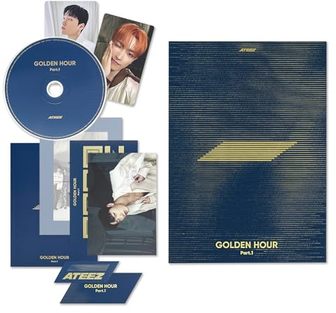 ATEEZ - [GOLDEN HOUR : Part.1] (BLUE HOUR Ver.) Invitation + Photo Frame + Postcard Set + Envelope + Photobook + Postcard + Photocard + Sticker + Bookmark + Disc + 2 Pin Badges + 4 Extra Photocards