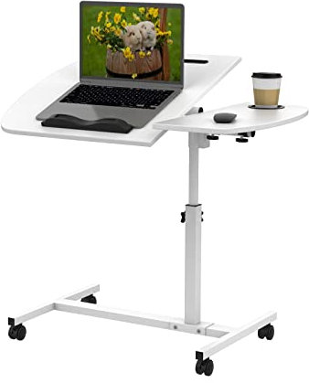 Laptoptisch Höhenverstellbar 61,5-95cm, Beistelltisch mit Rollen, 60x40cm Arbeitstisch Mobiler, Beistelltisch Laptop,Tischplatte Neigbar,Computertisch mit Kartenslot & Sperrleiste,Becherhalter(weiß)
