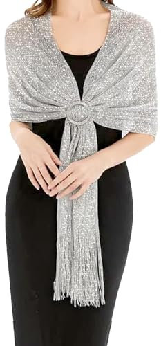 HANIUTTY Stola für Abendkleid Glitzer Schal Silber Damen, Stola Damen Funkelnde metallische Tücher und Wickel für die Abendparty Formale Kleider Hochzeit Brautjungfer (Kein Scarf Schnalle Enthalten)