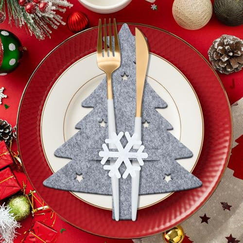 FUKPO 12 Piezas Porta Cubiertos Navidad Fieltro Gris, Porta Cubiertos Navideños Decoracion Mesa Navidad Hogar, Porta Cubiertos Navideños Bolsas Árbol de Navidad Copo de Nieve Estrella