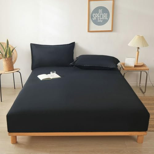 Epinki Spannbettlaken 180x200cm Schutz, Spannbetttücher Einfarbig Schwarz Faltenresistent und Ausbleichen, Baumwolle Spannbettuch Laken für Boxspringbett & Wasserbett