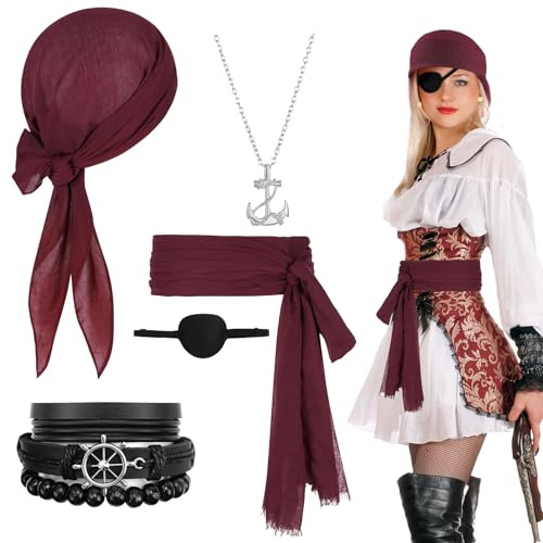 Jeinbuil Piratenkostüm Damen 5er Set, Piraten Kostüm Zubehör Damen Piratenhut Augenklappe Accessories