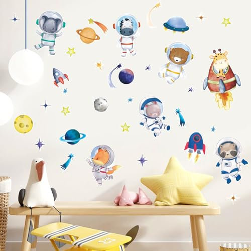 HPNIUB Tier Wandtattoo,Wandaufkleber Kinderzimmer Lichtfarbe,134x40cm (BxH),Tiere Babyzimmer Wandsticker,DIY Zirkus Giraffe Hase Wandaufkleber für Junge Mädchen Schlafzimmer Wanddeko (Astronaut)