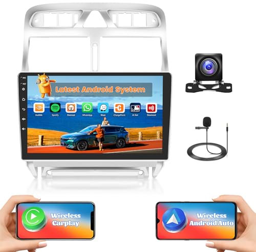 Hikity 2G+64G Android 15 Radio Coche para Peugeot 307 2007-2013 con Pantalla Táctil de 9 Pulgadas, Radio 2 DIN con Carplay Android Auto inalámbrico RDS/FM BT Radio GPS WiFi + Cámara Trasera + Mic