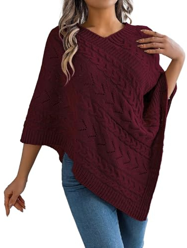 Vhersily Strick-Poncho mit Zopfmuster, V-Ausschnitt, lockere Passform, mit asymmetrischem Saum, elegant, dünn, langärmelig, für Herbst und Winter, für Reisen