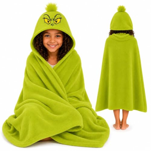 The Grinch Hooded Wrap Blanket – Soft Green Fleece with Novelty 3D Hood & Pompom - Cozy Wearable Throw - Size 120x150cm