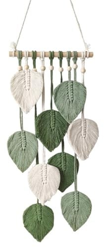 Astralong Tenture Murale Macramé Feuilles Vertes, Glands Faits Main, Tapisserie Bohème Décoration Murale pour Salon Chambre Bureau Appartement, Art Mural Esthétique