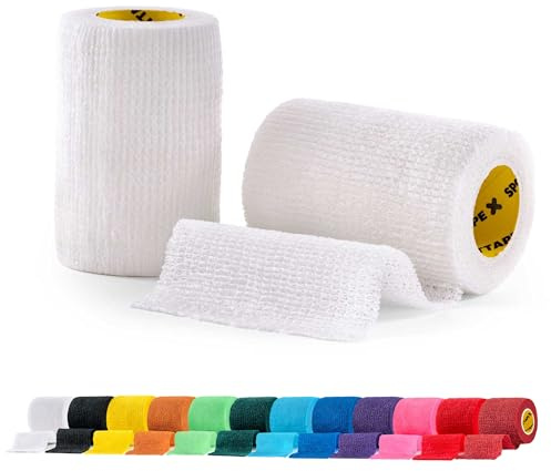 SPORTTAPE Self-Adhesive Cohesive Bandage, 2 Rolls - 7.5cm x 4.5m, White | Compression & Vet Wrap for Dogs, Horses, Sports Stretch Tape for Football, Ankles, Joints, Fingers, Wrists & Sock Tape