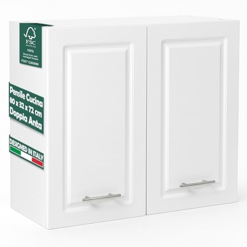 Shally Dogan Pensile da Cucina a Parete Design Boiserie, Armadio Sospeso in Legno con Doppia Anta, 1 Ripiano e 2 Scomparti, Armadietto a Muro Spazioso Resistente, 80 x 32 x 72H cm (Bianco)
