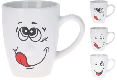 Generisch 2x Keramik Kaffeetasse mit Smile Gesicht, Weiß, 310ml, Lustige Kaffeebecher mit Cartoon Design