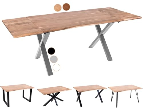 SAM Baumkantentisch 220 (320) x 100 cm Avino, Akazienholz naturfarben & massiv, Esszimmertisch mit 2 Ansteckplatten, Silbernes X-Metallgestell, Esstisch ausziehbar 12 Personen