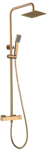 IMEX | Columna de ducha con grifo termostatico | Rociador Cuadrado acero inox. S.304 20x20 cm | Extraplano Antical Acabado Oro Cepillado