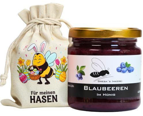 Grega's Imkerei - Honig Geschenkset im Leinensäckchen Für meinen Hasen | 250g Honigspezialität nach Wahl | Ideales Ostergeschenk & Osternest-Füllung | Vom Imker (Blaubeere im Honig 250g)