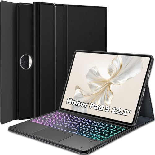 Wineecy Hülle mit Touchpad Tastatur für Honor Pad 9 12.1 Zoll 2024, 3-Zonen 7-Farben Beleuchtung, Abnehmbare Magnetische Bluetooth QWERTZ Touchpad Tastatur Schützhülle für Honor Pad 9 HEY2-W09