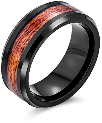 Bling Jewelry Schwarzer Titan-Ehering mit Koa-Holz-Intarsie für Männer und Frauen, Komfort-Passform, 8MM