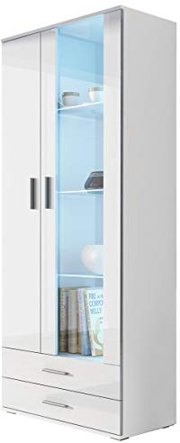 Vitrine mit Blauer LED Beleuchtung SOHO S6 Vitrinenschrank Standvitrine Stauraumvitrine Glasvitrine Schrank Wohnzimmerschrank (Weiß/Weiß Hochglanz)