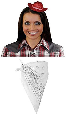 Ilovefancydress Mini-Cowgirl-Hut mit weißem Paisley-Bandana, ideal für Westernpartys oder Junggesellinnenabschiede, Rot, 6 Sets